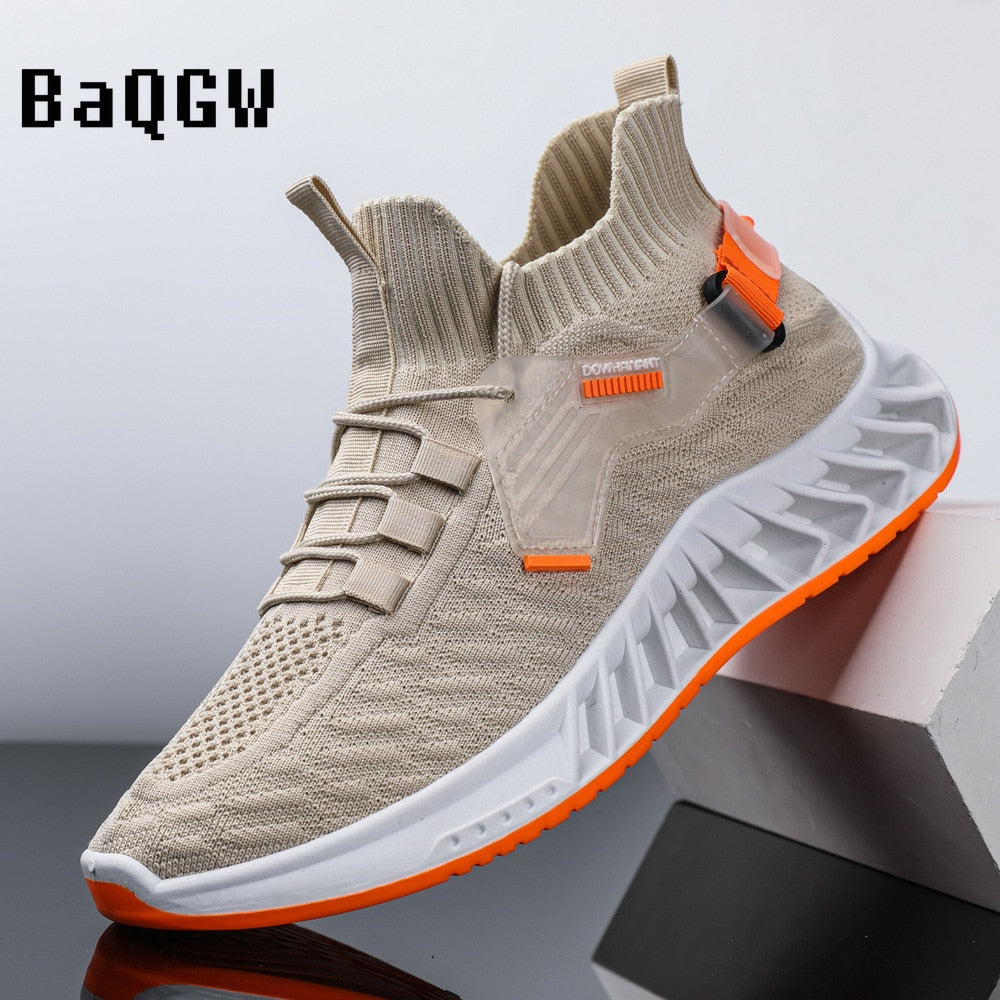 Spring Men&#39;s Casual Shoes Solid Mesh Knitted Vamp Slip-On Stretch Breathable Non-slip Fashion Lightweight Male Running Sneakers