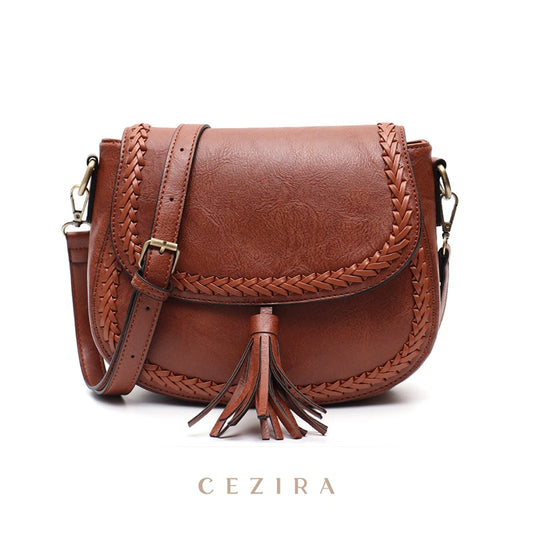 CEZIRA Bohemia Style Vegan Leather Saddle Bags Women Vintage Causal Braid Tassel String Flap Snap Messenger Shoulder Handbags