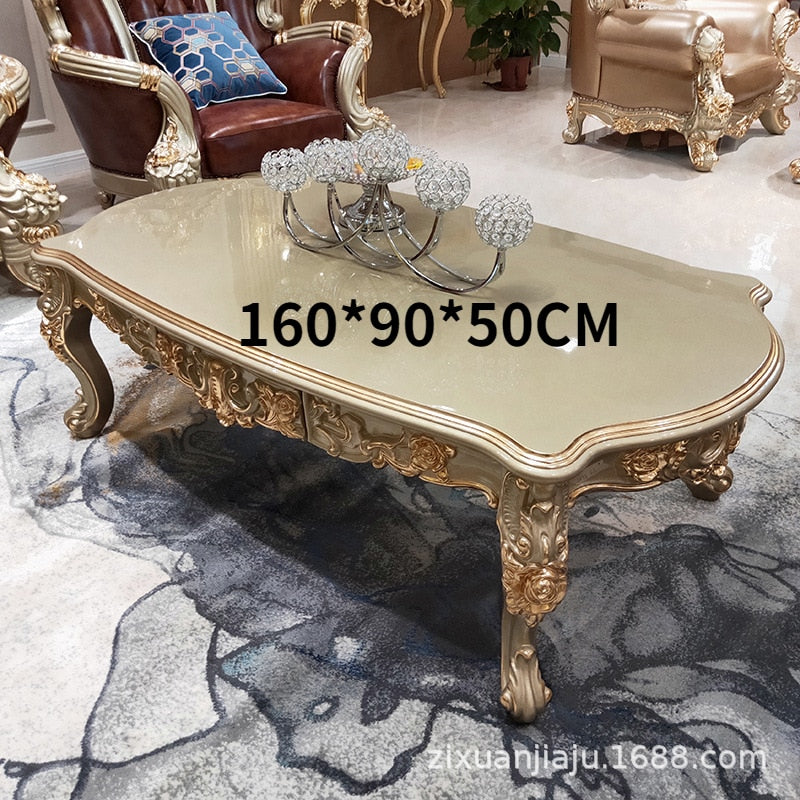 Leather Sofa 123 Combination with Coffee Side Table Living Room Luxury Solid Carved High-end Champagne Gold Sofas European-style