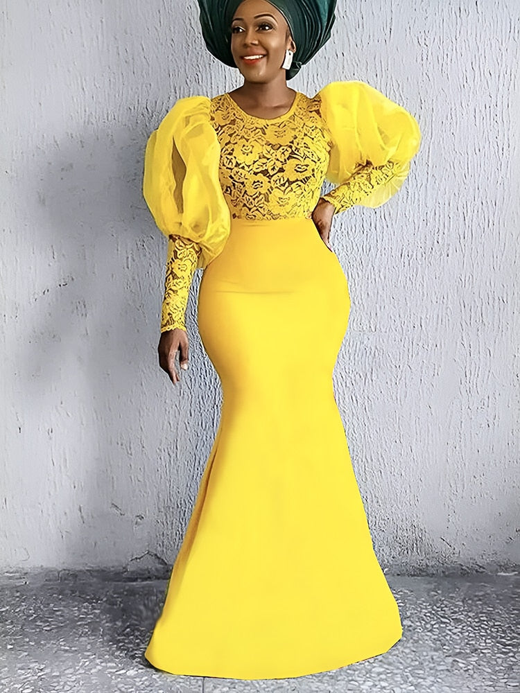 Yellow Lace Evening Party Dresses Women Puff Long Sleeve See Through High Waist Long Mermaid Prom Gowns Homecoming Big Size 4XL