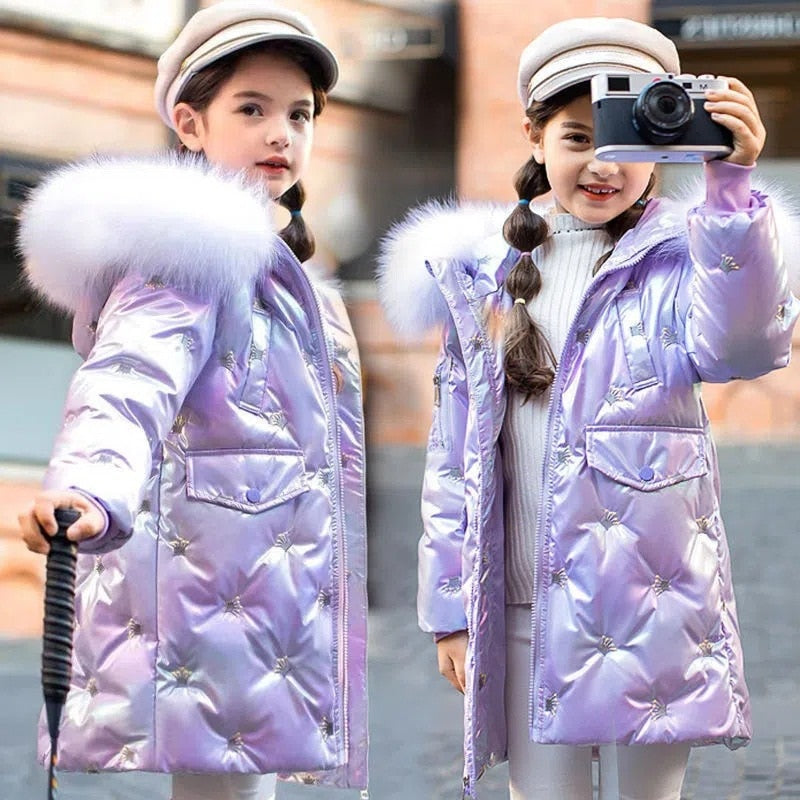 2022 Girls Down Parkas Winter Teen Girls Warm Outerwear Kids Thickened Coats Fashion Children Colorful Fur Collar Hood Jackets