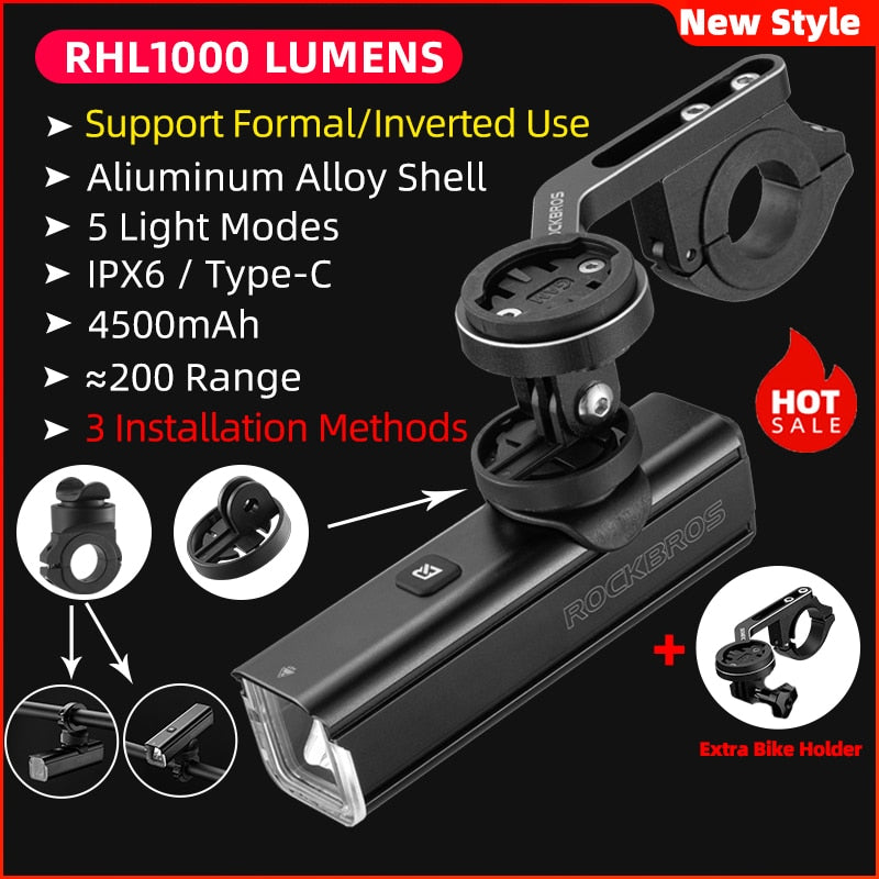 ROCKBROS Bike Front Light IPX6 Rainproof Type-c Rechargeable Bicycle Light 1000LM Cycling Headlight LED Flashlight MTB Bike Lamp