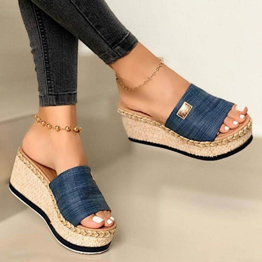 Women Wedges Slippers 2020 Ladies Hemp High Heels Platform Summer Women&#39;s Casual Woman Fashion Denim Female Peep Toe Beach Shoes