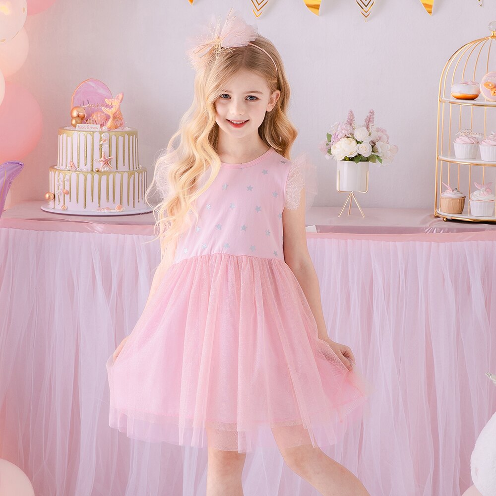 VIKITA 3-8 Years Kids Girls Sleeveless Sequined Floral Shiny Princess Casual Tulle Dress for Birthday Party Summer Prom Clothes