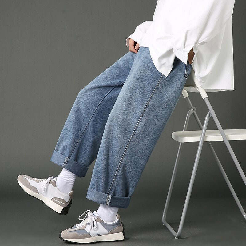 2022 New Street Casual Baggy Jeans Men&#39;s Korean Fashion Hip Hop Straight Wide Leg  Trousers Couple Denim Pants Black Light Blue