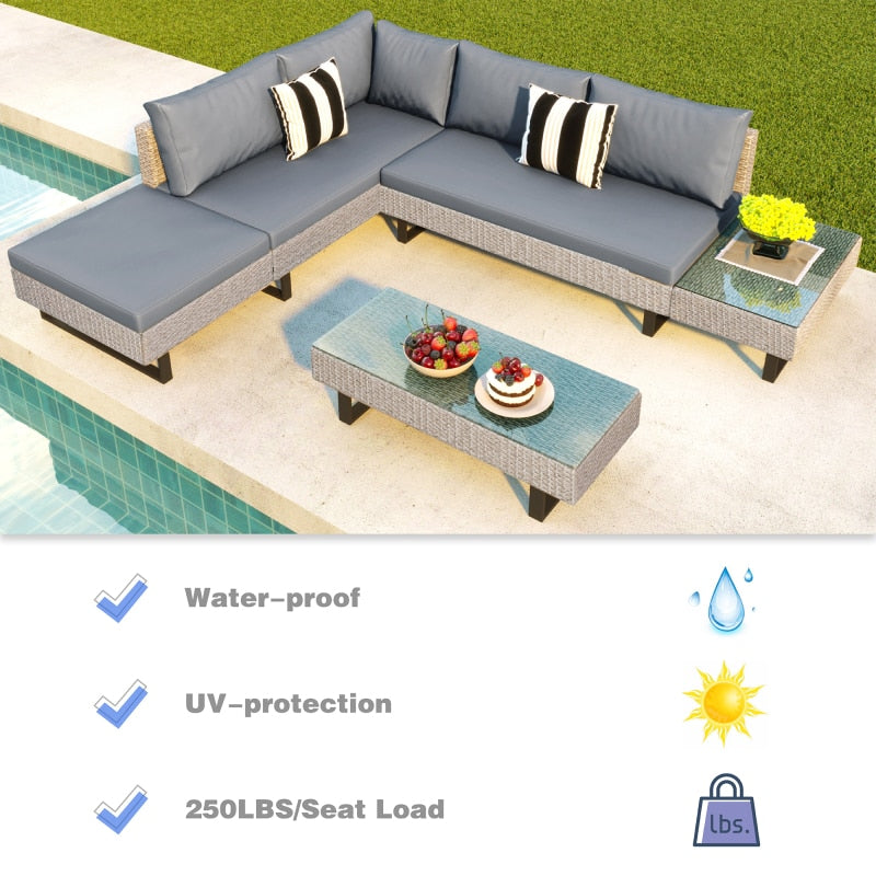 3 PCS Outdoor Rattan Sofa Patio Furniture Set, L-shaped Corner Sofa, Water And UV Protected, Two Glass Table, Adjustable Feet