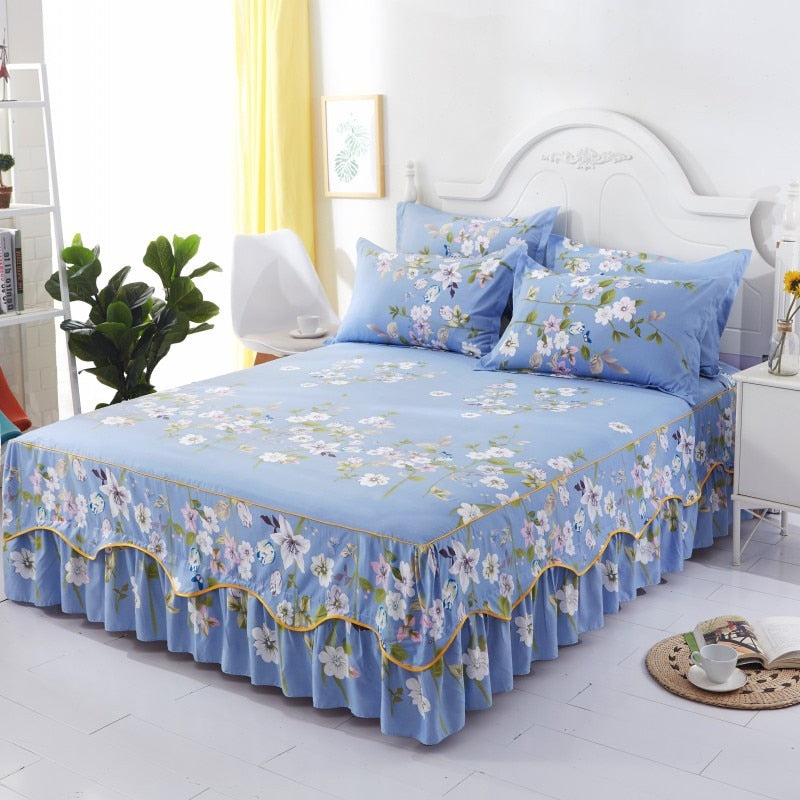 3Pcs Bed Sheet Cotton Lace Skirt Elastic Fitted Double Bedspread Mattress Cover Home Pillowcase Bedding Set Bedsheet 2 Seater