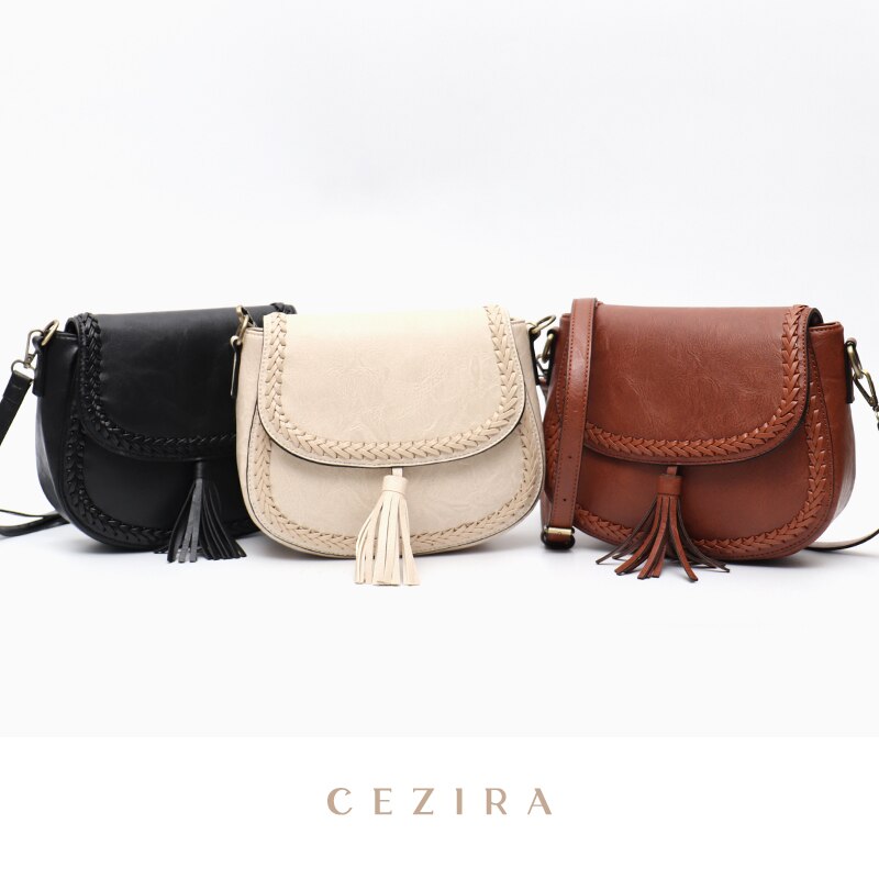 CEZIRA Bohemia Style Vegan Leather Saddle Bags Women Vintage Causal Braid Tassel String Flap Snap Messenger Shoulder Handbags