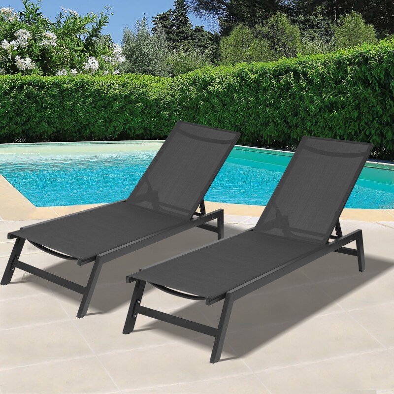 2 Pcs 62/75 in Outdoor Chaise Lounge Chair Sets, Five-Position Adjustable Aluminum Recliner, All Weather for Patio,Beach,Yard