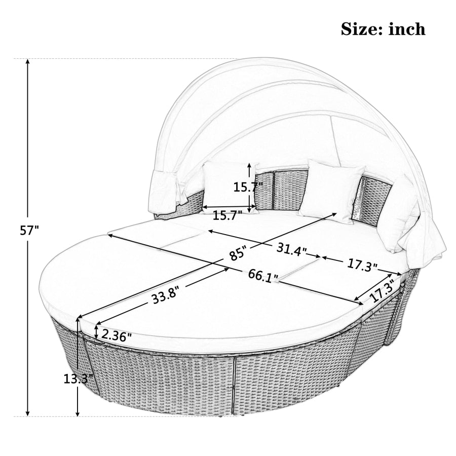 Outdoor garden furniture rattan sofa bed and retractable canopy, round outdoor sofa set, wicker furniture clamshell seat beige.