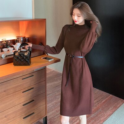 Elegant Women&#39;s Dresses for Party 2022  Autumn Winter Female Clothing Solid Dresses Woman with Belt OL Lantern Sleeve Knit Dress