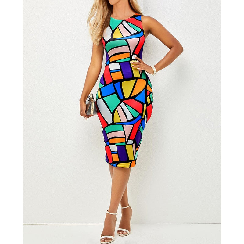 Summer Sexy High Waist Slit Patchwork Sleeveless Dress Female Clothing Fashion Vacation Robe V-Neck Party Midi Casual Dresses