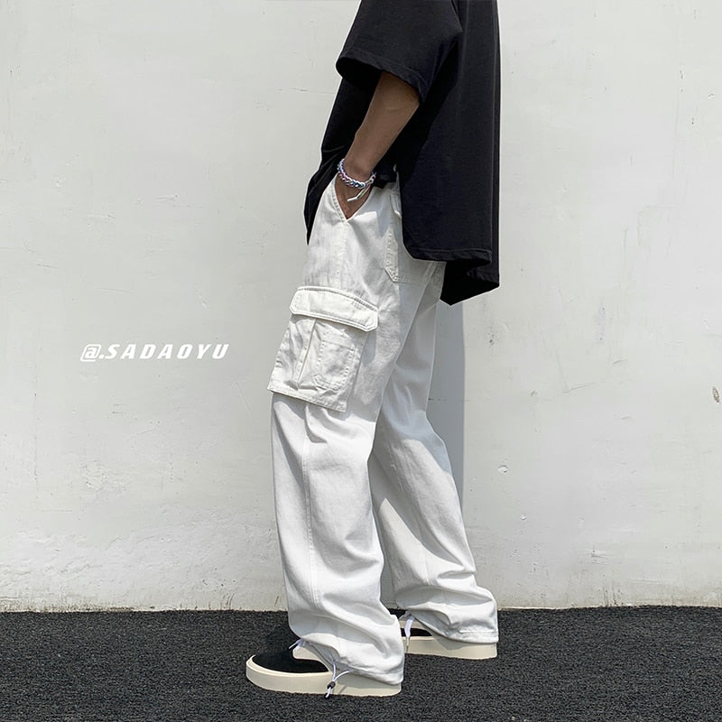 Black/white Casual Pants Men&#39;s Fashion Loose Straight Wide Leg Pants Men Streetwear Hip-hop Pocket Cargo Pants Mens Trousers