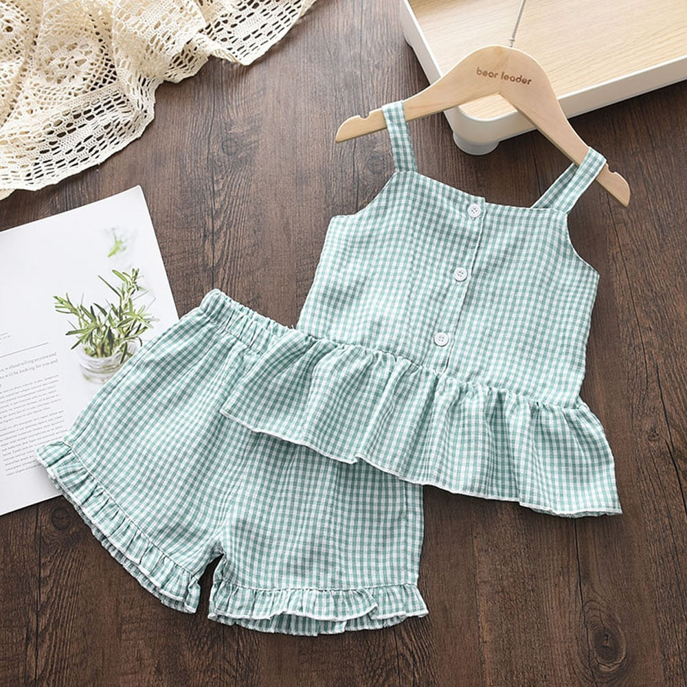 Menoea Toddler Girls Clothes Sets 2022 New Summer Patchwork T-shirts + Plaid Bow Shorts Casual Outfits Baby Kids Clothing Suits