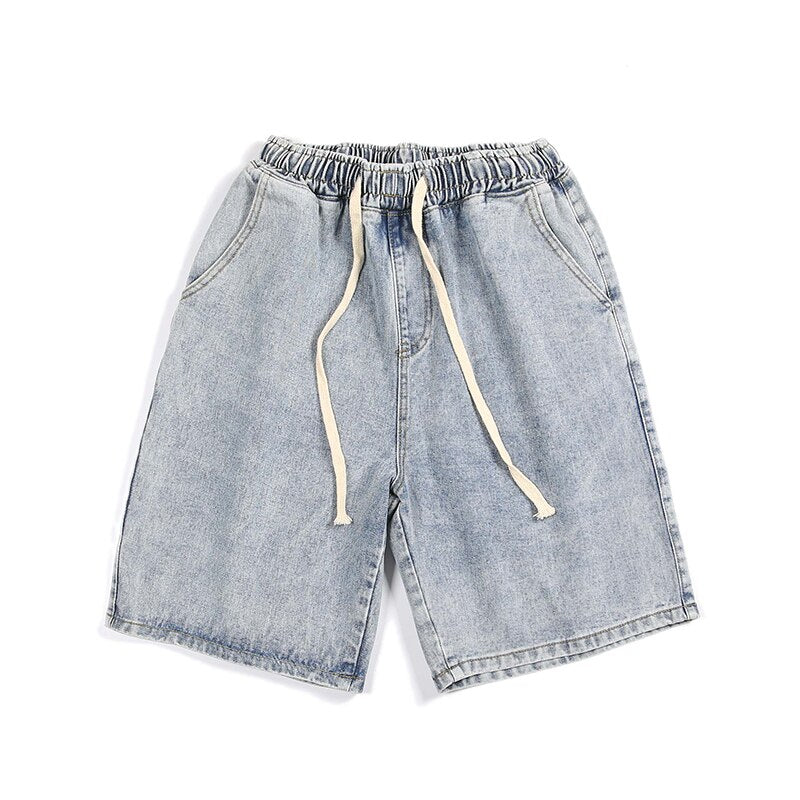 Men&#39;s Summer Denim Shorts Korean Elastic Waist Lace-up Straight Leg Pants Student Loose Casual Pants Cotton Pants