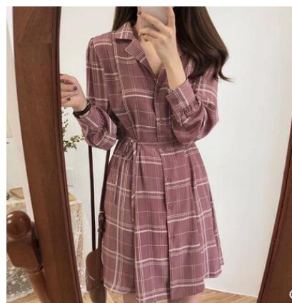 2019 Spring Summer Basic Dresses Hot Women Fashion Long Sleeve Cute Preppy Style Red Plaid Shirt Dress Bow Tie Vintage Dress