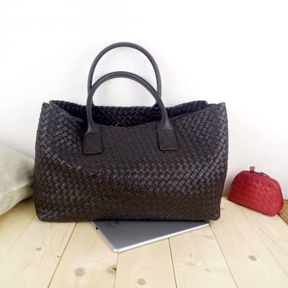 Oversized Women Tote High Quality PU Leather Knitting Shoulder Shopper Bags Luxury Woven Retro Female Large Purse Black 2021 New