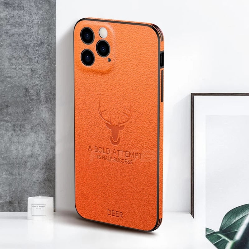 Luxury Leather Texture Square Frame Case For iPhone 11 12 13 14 Pro Max Mini X XR XS Deer Lens Protection Shockproof Hard Cover