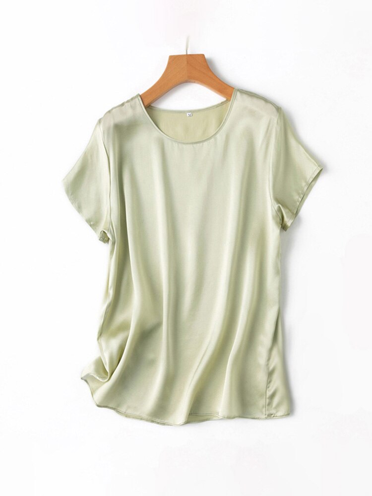 SuyaDream Woman Silk Tee 100%Real Silk Short Sleeved Plain O Neck T Shirt 2022 New Summer Top