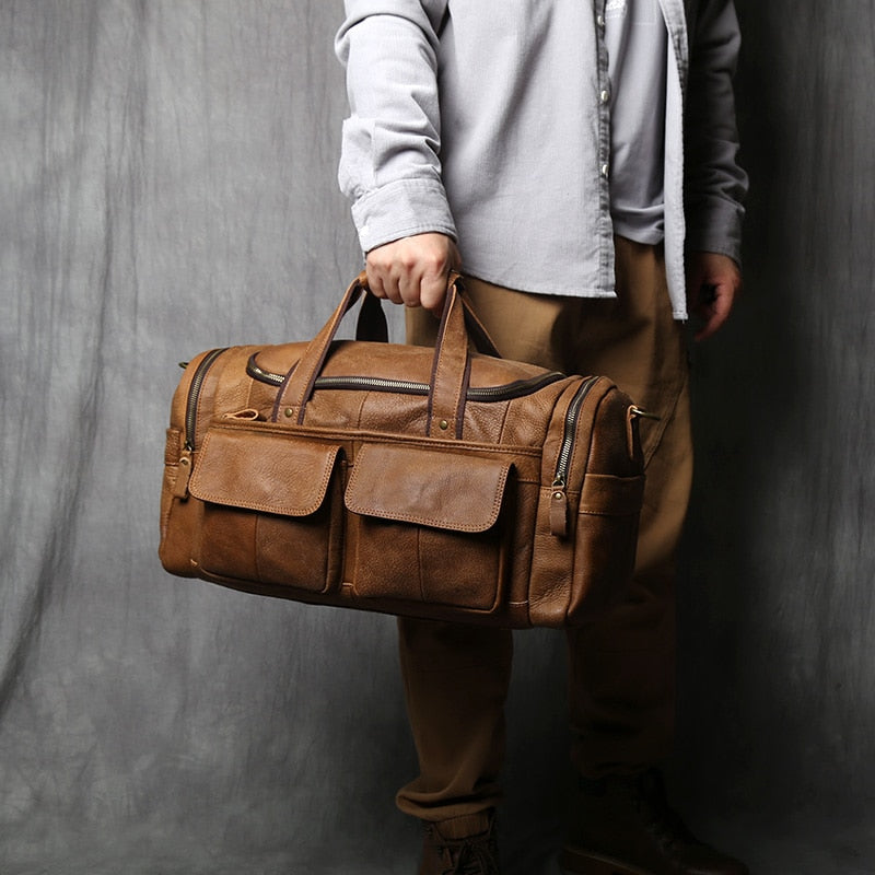 NZPJ Retro Men&#39;s Hand Luggage Bag Leather Travel Bag Top Layer Cowhide Large Capacity One Shoulder Messenger Bag Casual Laptop