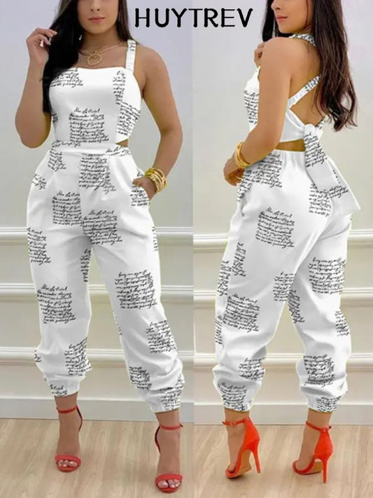Strap Jumpsuit Women Summer Sexy Backless Bow Letter Print Strapless Overalls Rompers For Women Pocket Straight Work Jumpsuits