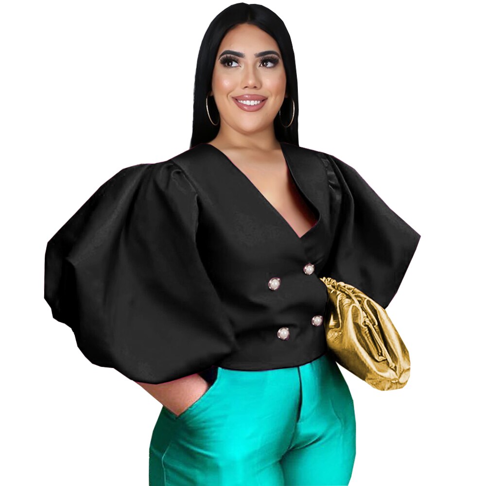 Plus Size Sexy V Neck Women Tops Blouse Long Lantern Sleeves Double ButtonsShiny Glitter Party Classy Shirts for Ladies 2022