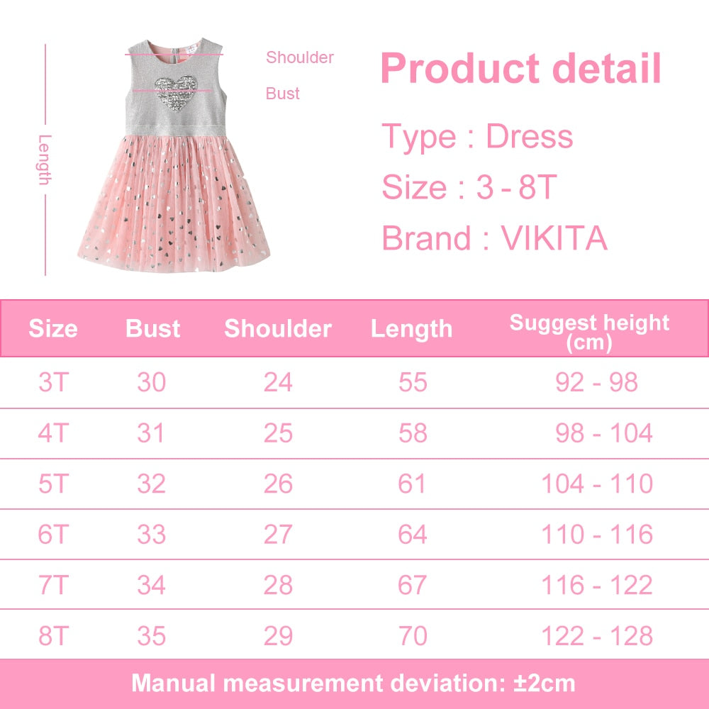 VIKITA 3-8 Years Kids Girls Sleeveless Sequined Floral Shiny Princess Casual Tulle Dress for Birthday Party Summer Prom Clothes