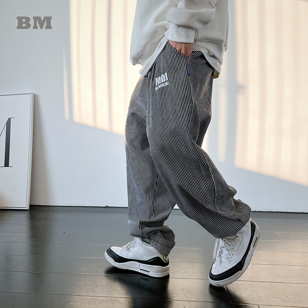 2022 Fashion Hip Hop Stripes Loose Embroidery Harem Pants Men Streetwear Poppin Dance Pants Harajuku Straight Casual Trousers