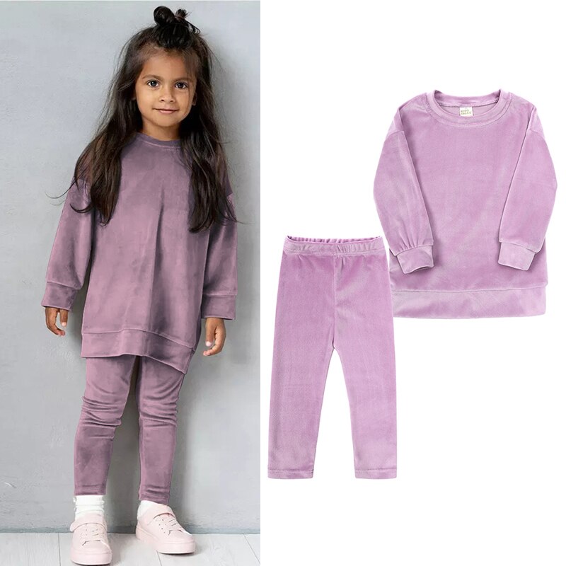 2023 Spring Kids Girl Velvet Suit Long Sleeve Pants Solid Clothes For Infant Toddler Boy Pullover Sweatshirt Set Teenage Outfits