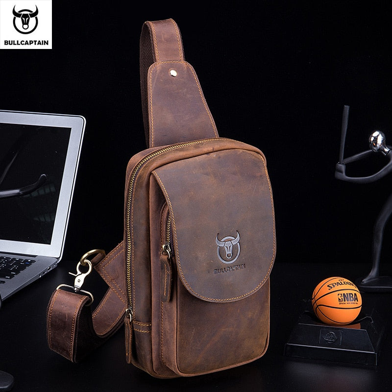 BULLCAPTAIN Men's Crossbody Bags Crazy Horse Leather Chest Bag's Leather Crossbody Bages Retro Men's Zip Pocket Short Travel Bag