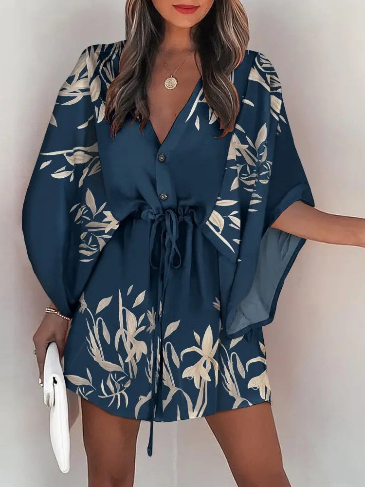 Casual Boho Beach Vacation Mini Dress Women Summer Print Lace Up Button Batwing Sleeve Dresses For Women&#39;s Loose  Female Robe