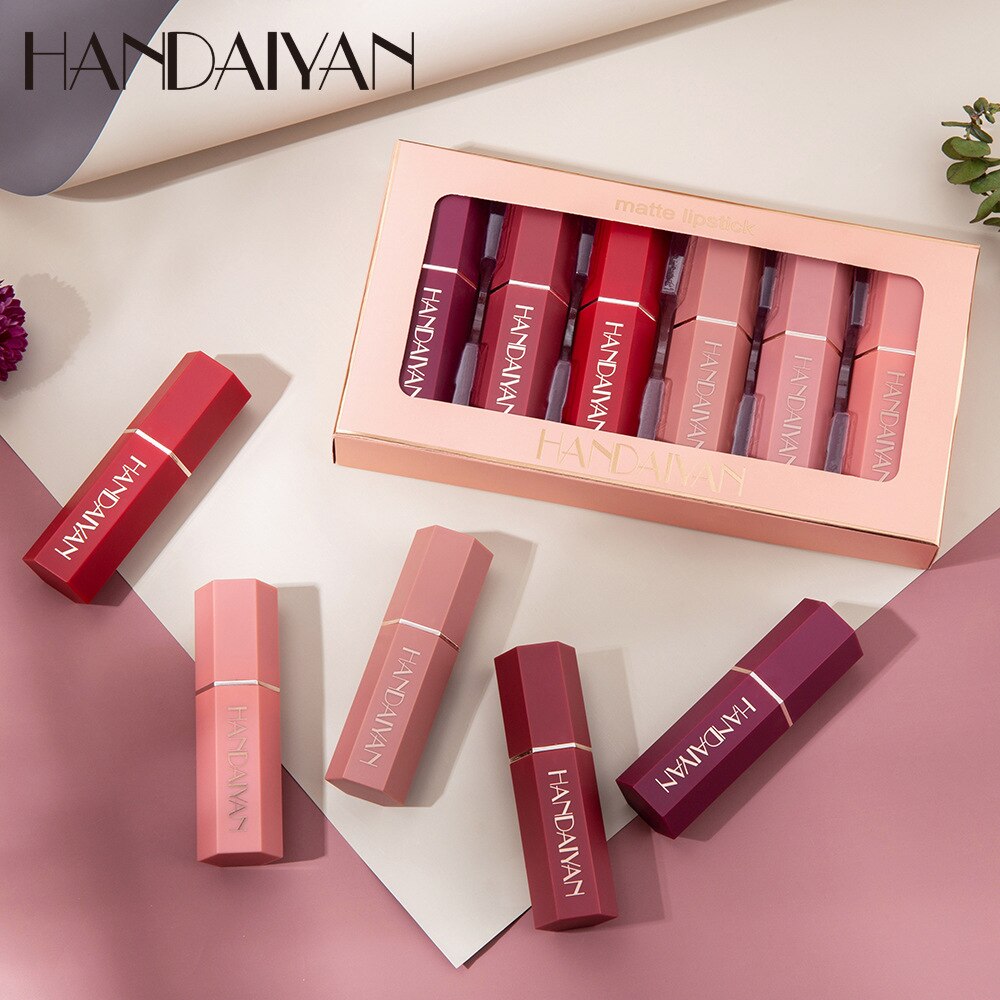 HANDAIYAN 6-piece Matte Matte Red Lipstick Set Wholesale Female Cosmetics Waterproof Lip Gloss Free of Charge Cotonete Lip Tint