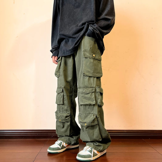 Cargo Pants Multi-pockets Tooling Pant Men, Vintage Loose Wide Leg Pants Streetwear, Casual Hip-hop Mopping Trousers