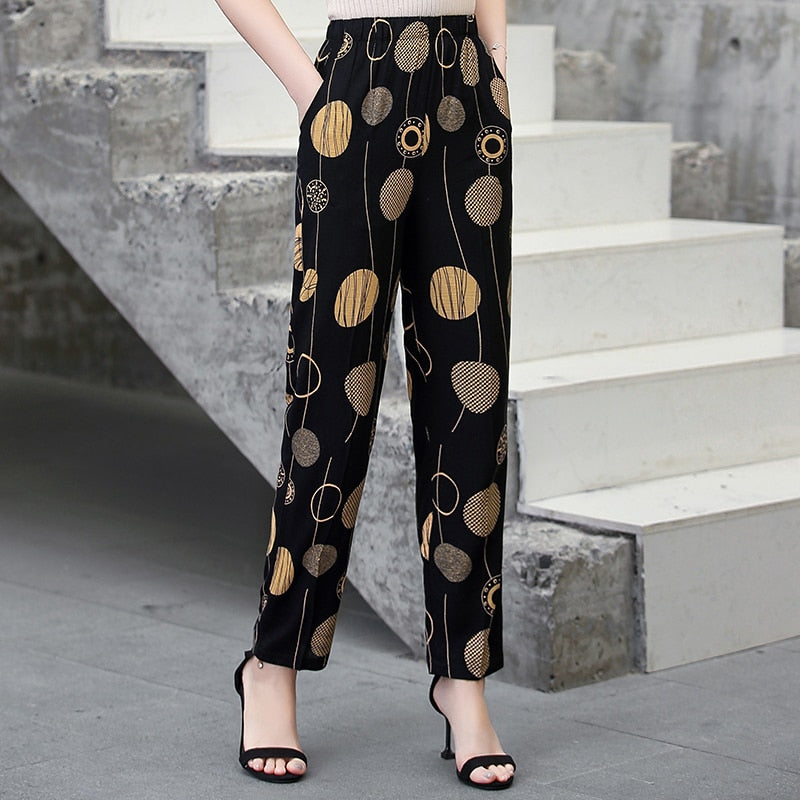 2023 Summer Casual Pencil Pants Women Bottoms Vintage High Waist Pants with Print Elastic Waist Middle Aged Women Trousers