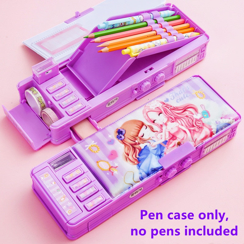 Mechanical deformation combination lock stationery box girl cute pencil case school student pencil box Cartoon plastic pen case