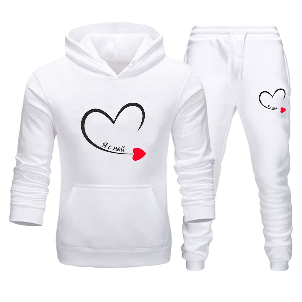 2023 Couples Tracksuit Love Heart Print Lover Hoodie and Pants 2 PCS Clothes Men Women Sweatshirts and Trousers Fleece Suits