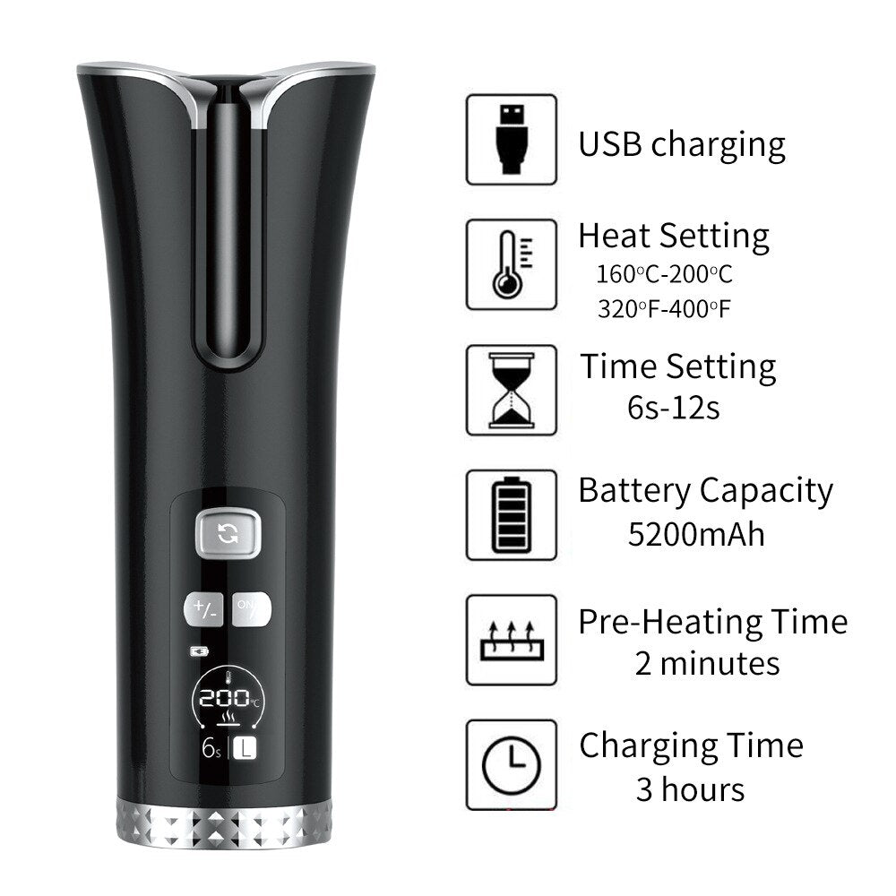 Cordless Hair Curler Automatic Curling Iron with LCD Digital 5200mAh Temperature Display and Timer 3 Adjustable USB Rechargeable