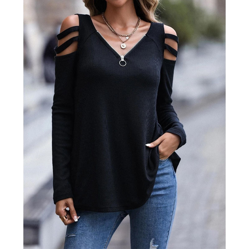 Fashion Casual Women&#39;s Zipper Off Shoulder Solid Color T-shirt Hollow Out Spliced Long Sleeve Tops Autumn Winter Female Clothing