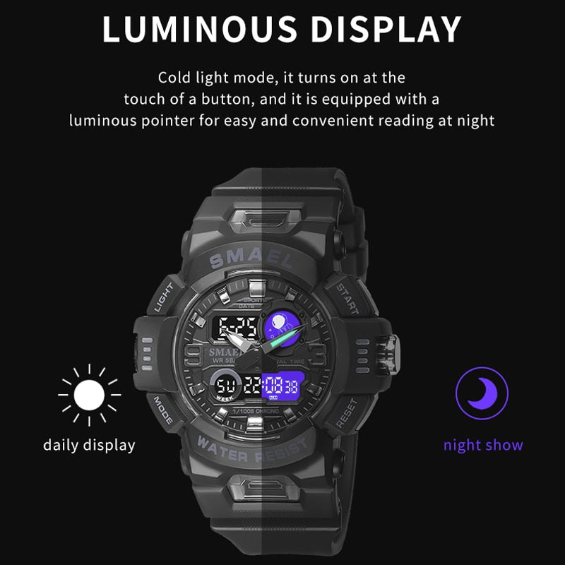 SMAEL Men Sport Watch LED Light Alarm Digital Clock Dual Time Display Week Auto Date Backlight Youth Quartz Wristwatches Male