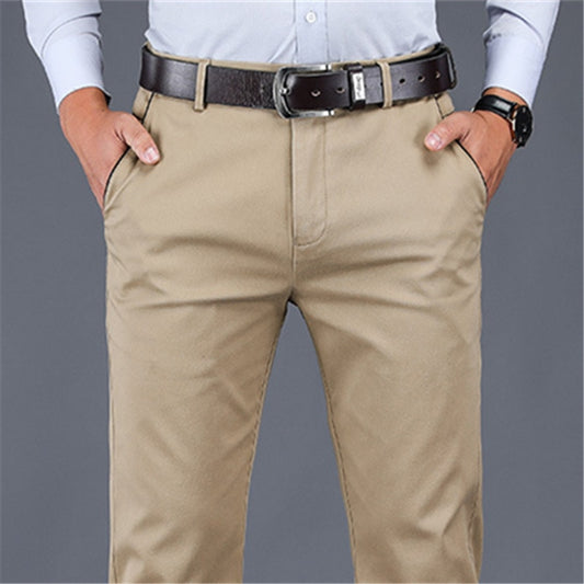 98% Cotton Casual Pants Men High Waist Elastic Straight Loose Trousers Mens Solid Color Business Dress Pants Brand Man Clothes