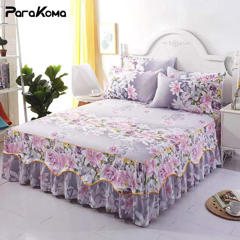 3Pcs Bed Sheet Cotton Lace Skirt Elastic Fitted Double Bedspread Mattress Cover Home Pillowcase Bedding Set Bedsheet 2 Seater