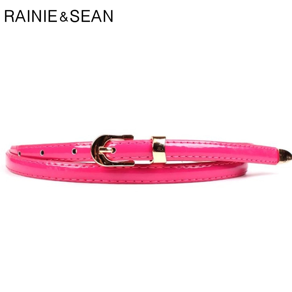 RAINIE SEAN Gold Thin Ladies Leather Belt Women Pin Buckle For Belt Korean Fashion casual Solid Female Waist Belt For Dresses