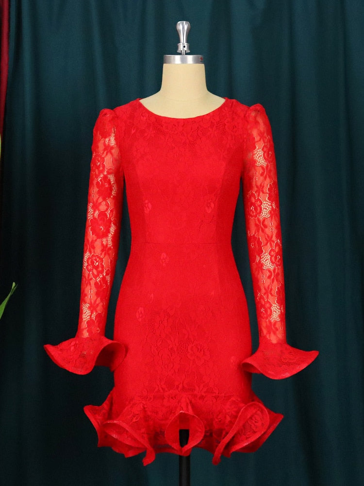 Big Size Women&#39;s Red Lace Mini Dress Ruffle Sleeve O Neck Slim Fit Elegant Sexy Dresses for Female Birthday Party 2022 Spring