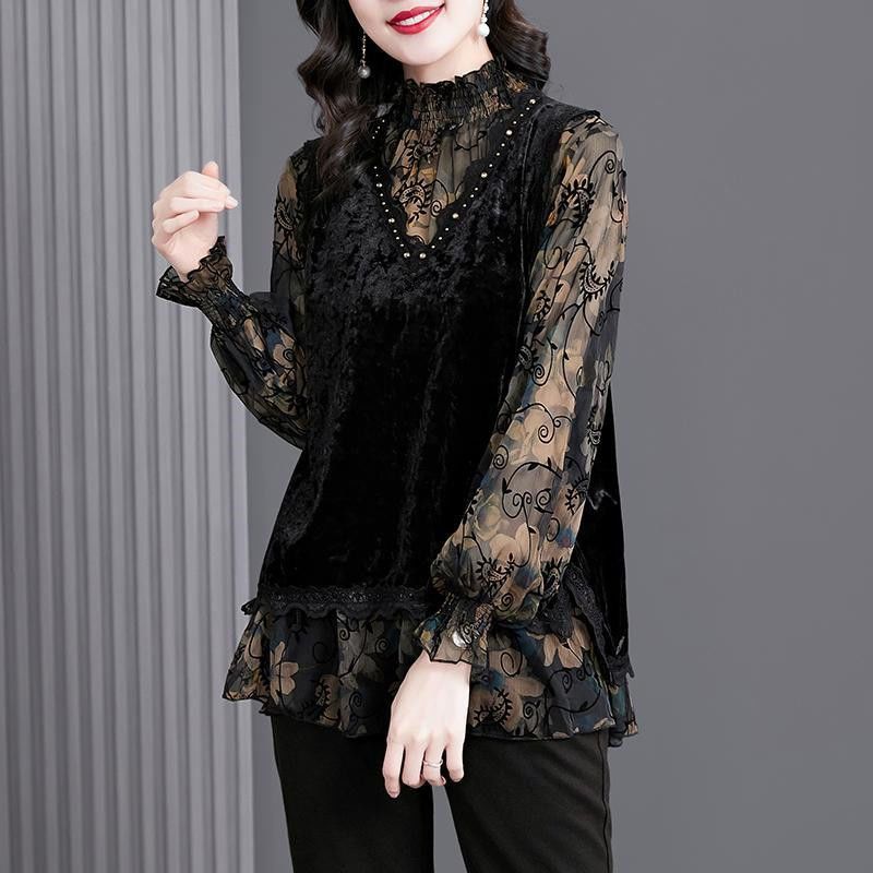 Fold Edible Fungus Lace Vintage Women Blouse Half High Neck Velvet Chiffon Spliced Floral Flare Sleeve Fake Two Pieces Straight