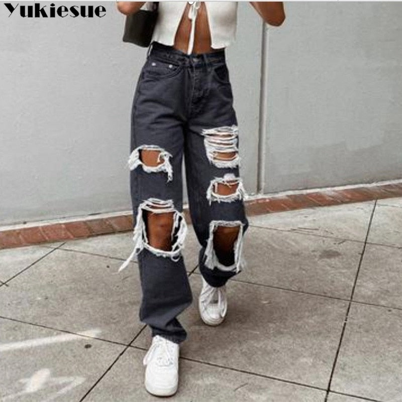 Sexy Boyfriend Ripped Jeans woman Bagge Women Holes Destroyed Broken Pants Vintage Female Denim Trousers Distressed Designer