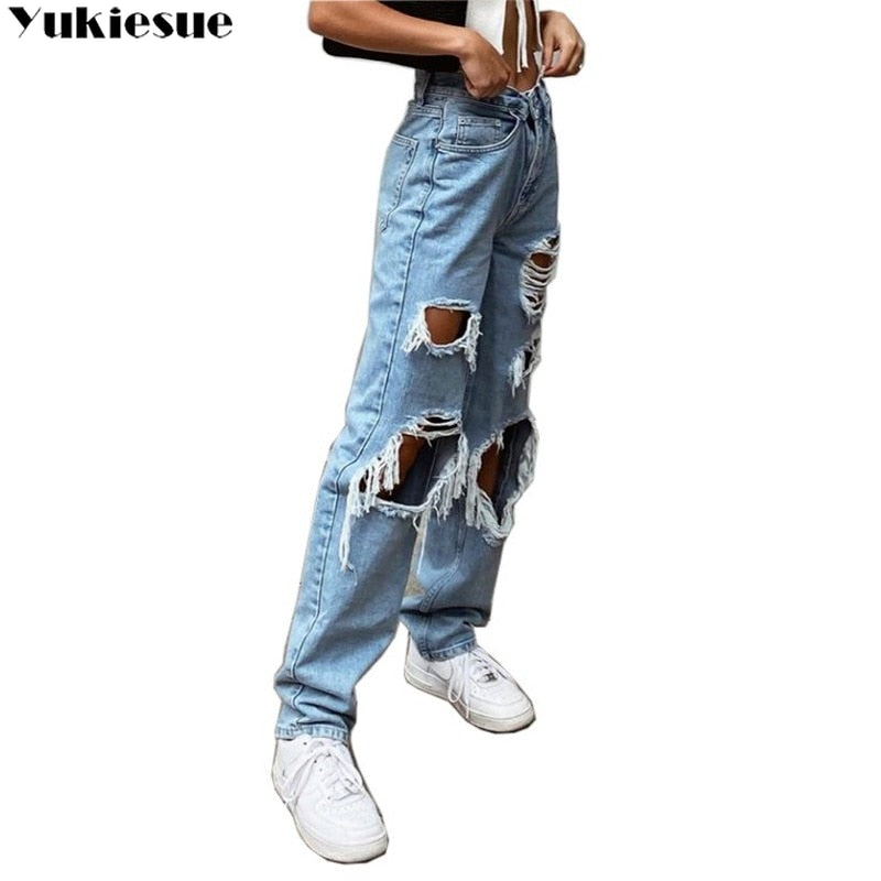 Sexy Boyfriend Ripped Jeans woman Bagge Women Holes Destroyed Broken Pants Vintage Female Denim Trousers Distressed Designer