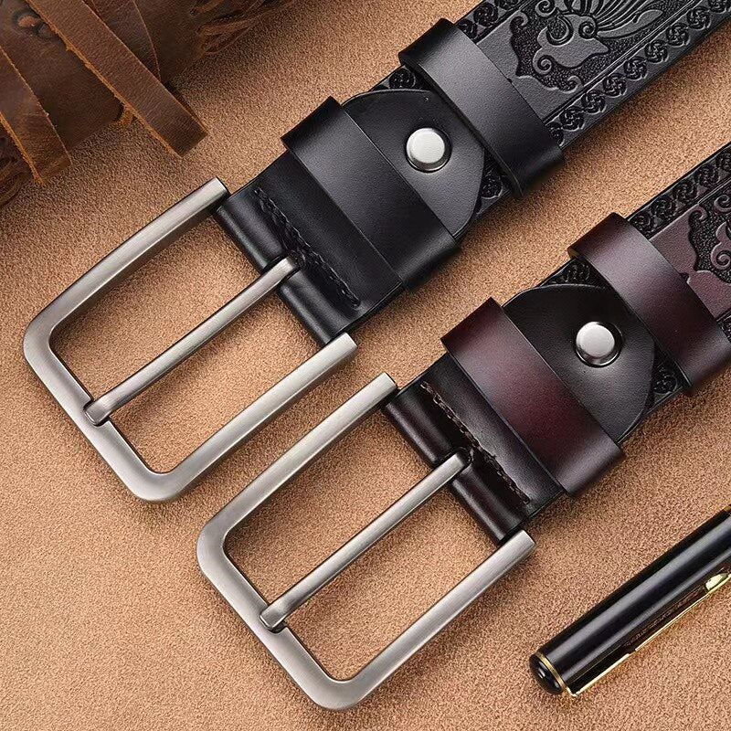 Retro Carved Craft Men&#39;s Belt Leather Cowhide Pin Buckle Fashion Denim Casual Pants Belt