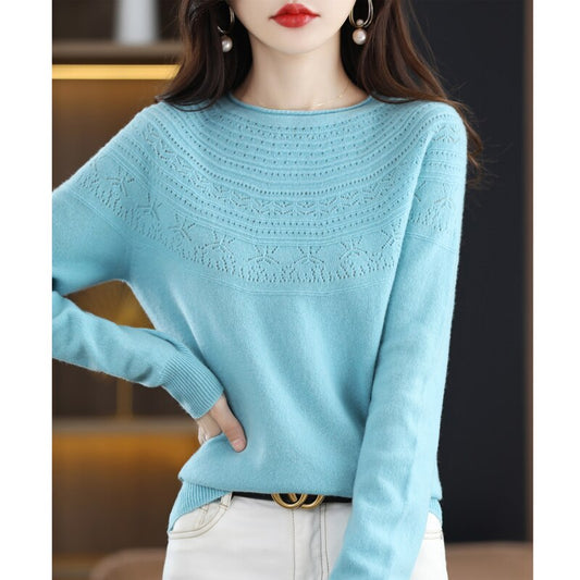 100 Wool Classic Round Neck Cutout Sweater Fashion Cutout Loose Long Sleeve Undercoat New Design Taste Popular Sweater Girl