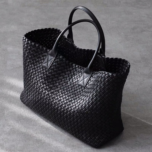 Oversized Women Tote High Quality PU Leather Knitting Shoulder Shopper Bags Luxury Woven Retro Female Large Purse Black 2021 New