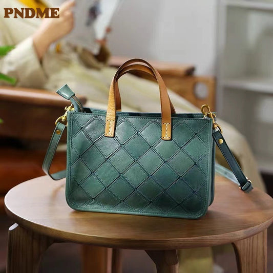 PNDME retro fashion luxury natural real leather ladies stitching tote bag outdoor leisure shopping work shoulder messenger bag